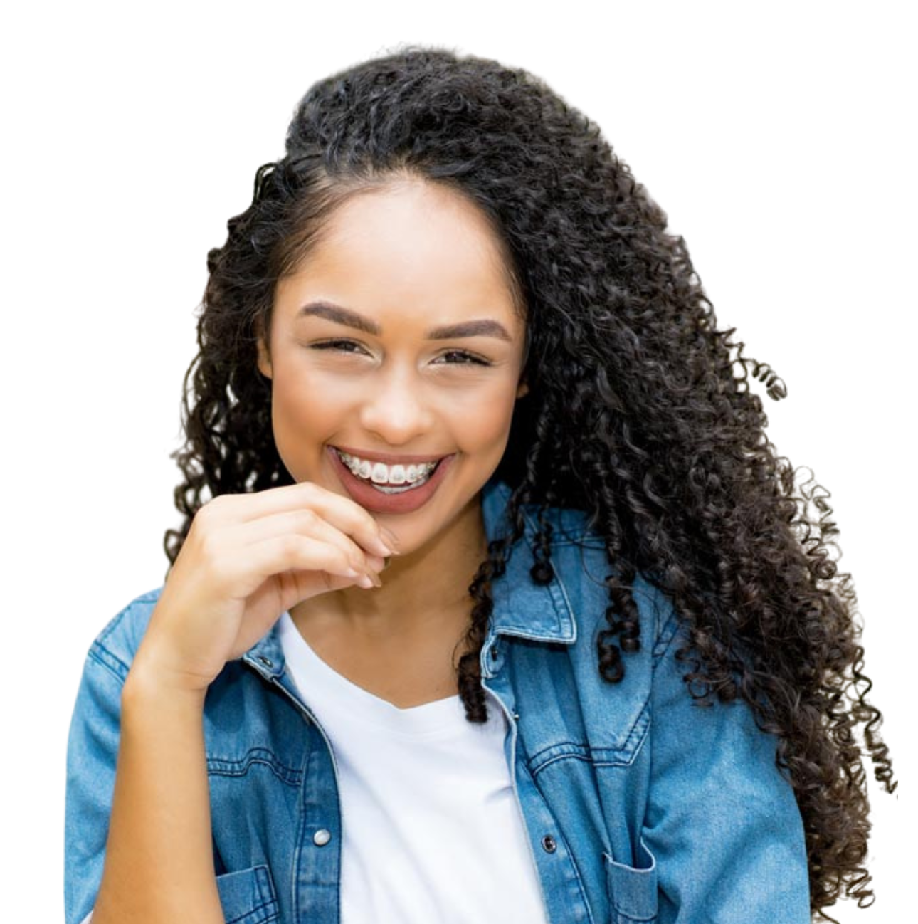 Young woman smiling with braces on